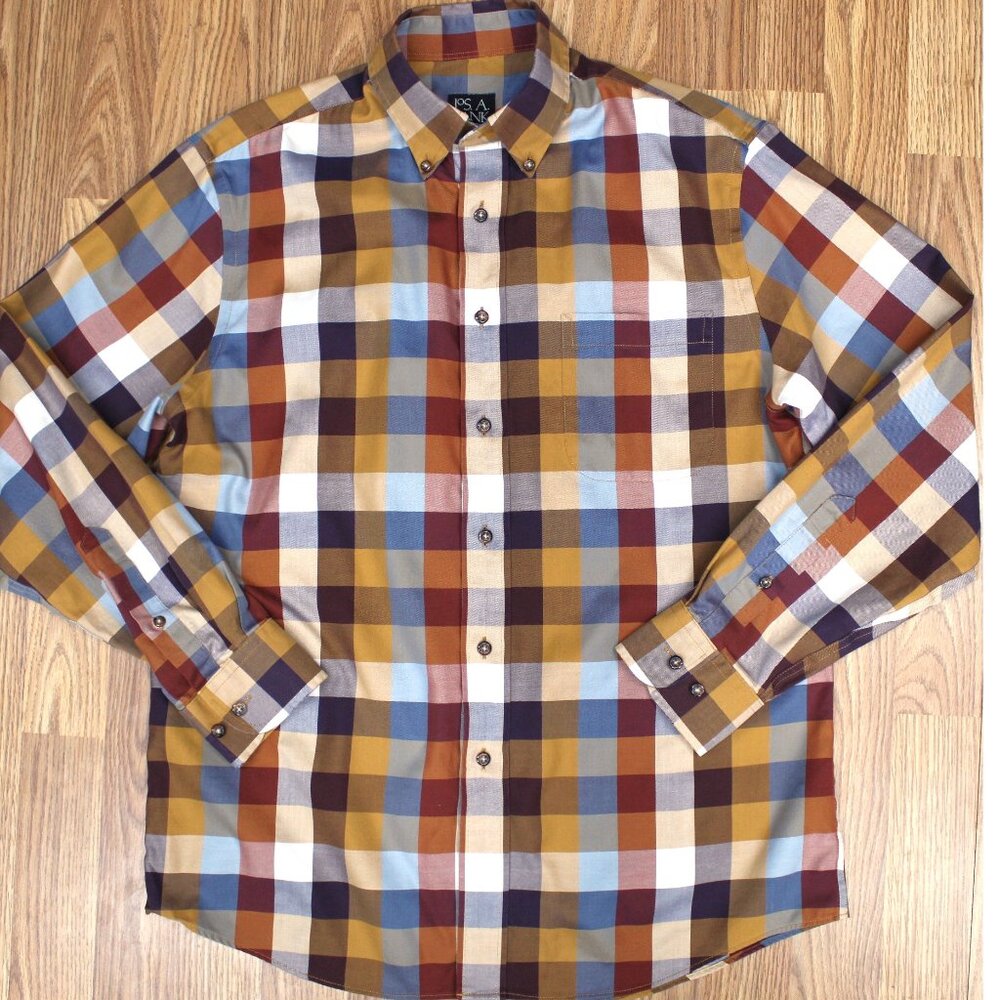 JOS. A. BANK TAILORED FIT 100% COTTON SHIRT BROWN CHECK PLAID MEDUM, M